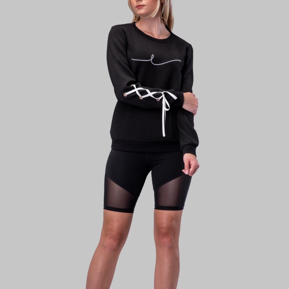 Black Crewneck Sweater with Lace-Up Sleeve Detail